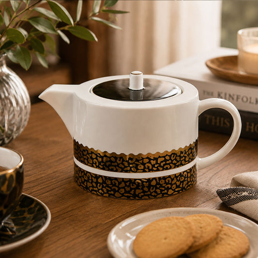 Stoneware Teapot with Leopard Detail and Black and Gold Accents