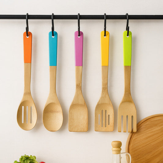 Natural Bamboo 5 Piece Utensil Set with Multi Coloured Handles