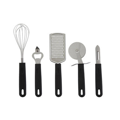Five Piece Stainless Steel Kitchen Gadget Set with Black Handles