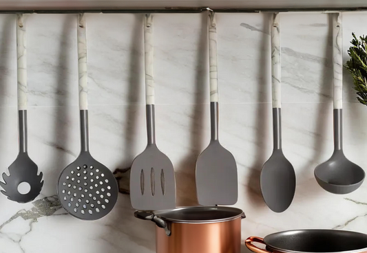 Six Piece Kitchen Utensil Set with Marble Effect Handles