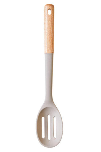 Stone Grey Silicone Head Slotted Spoon with Wooden Handle