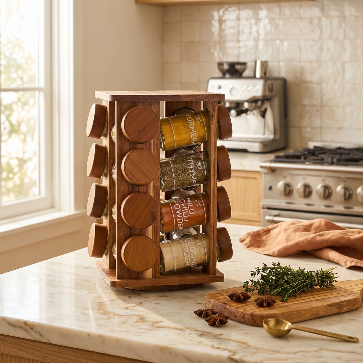 Acacia Wood Revolving Spice Rack with 16 Jars