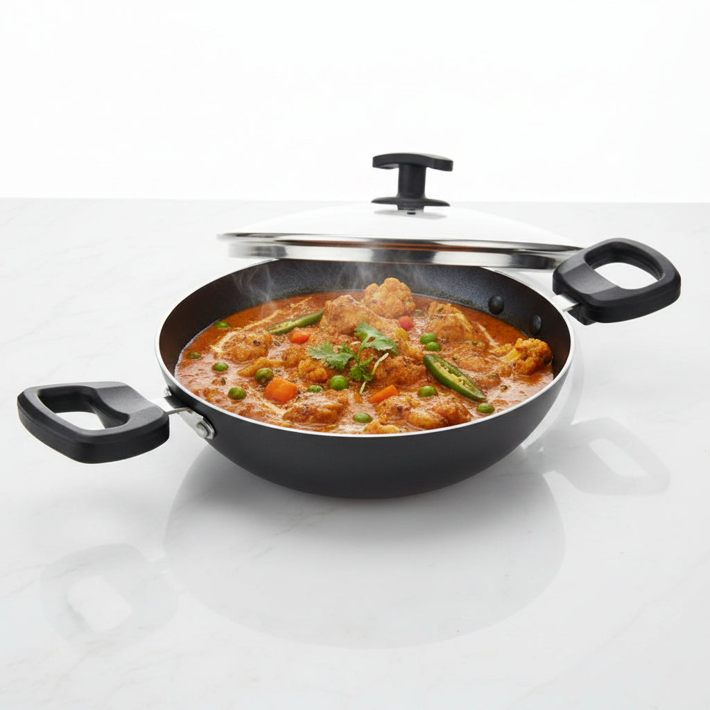 By Everyday Non-Stick Kadhai with Glass Lid Low Oil Cooking Cool Touch Handles