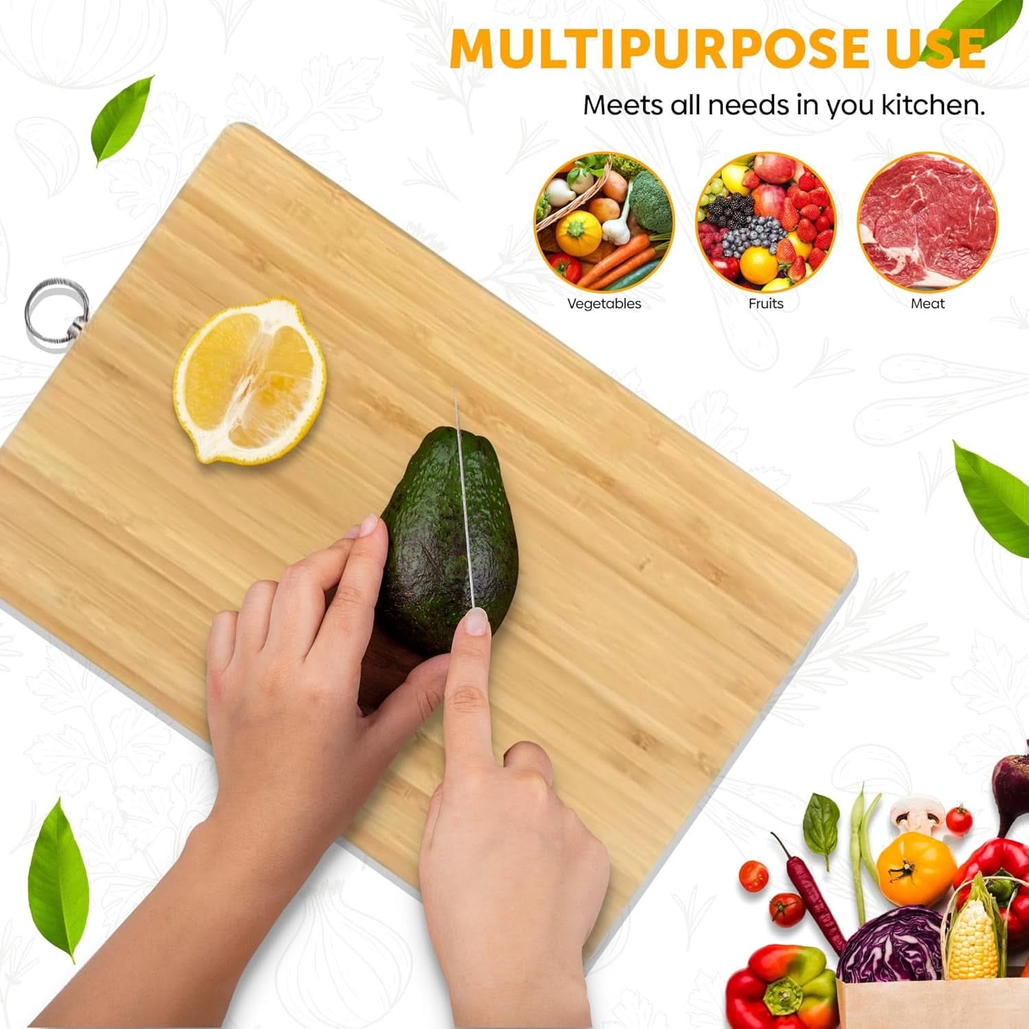 Wooden Bamboo Cutting Board – Non-Slip Chopping Board for Meat, Vegetables, Cheese, and Bread (20 x 30 x 1.3 cm)