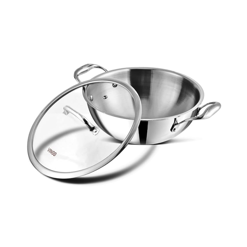 Triply Stainless Steel Extra Deep Kadai with Glass Lid 3.2 L (24 cm), 2.5 mm Thick, Kadai for Cooking