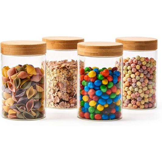 Kitchen Storage Jars Borosilicate Glass With Wooden Lid Air Tight Jar, 750 ml, Pack of 4, Transparent