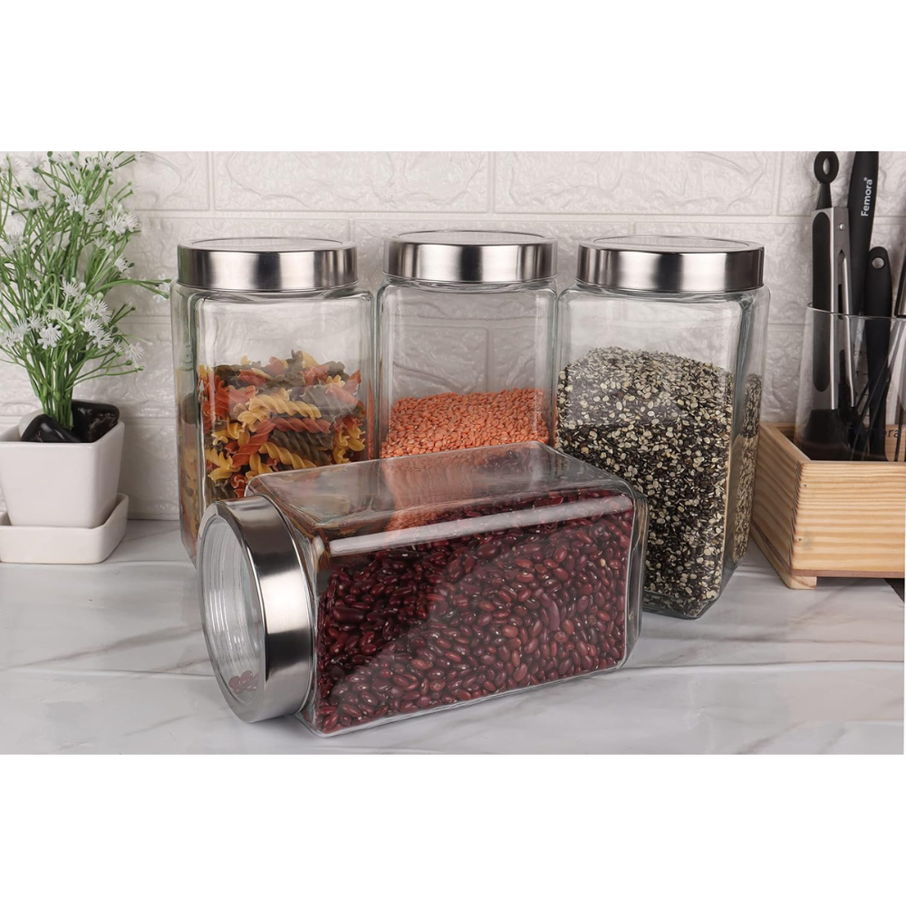 Kitchen Storage Jars Transperent Glass With Steel Lid Air Tight Jar, 2000 ml, Pack of 4