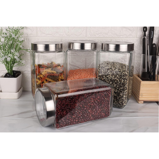 Kitchen Storage Jars Transperent Glass With Steel Lid Air Tight Jar, 2000 ml, Pack of 4