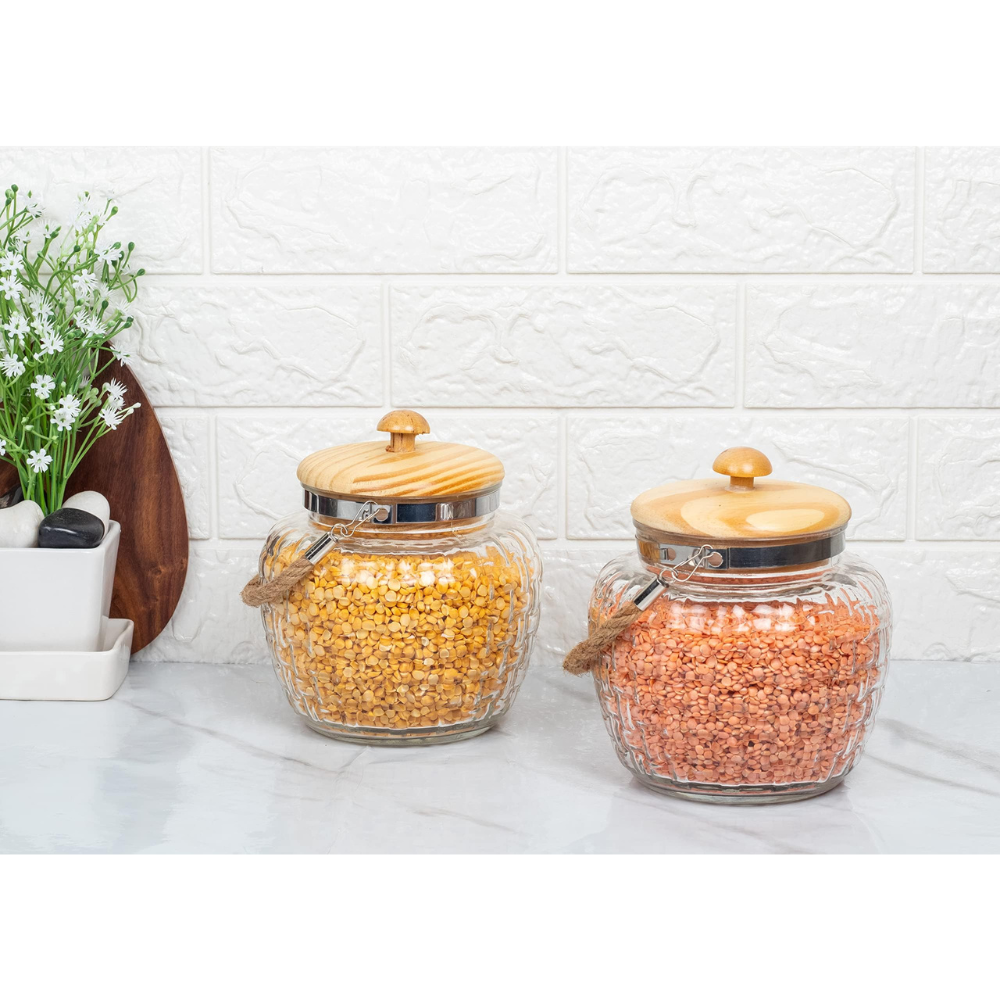 Kitchen Storage Jars Embossed Glass Jar With Wooden Lid & Jute Chain Air Tight Jar, 1500 ml, Pack of 2