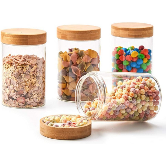 Kitchen Storage Jars Borosilicate Glass With Wooden Lid Air Tight Jar, 350 ml, Pack of 4, Transparent