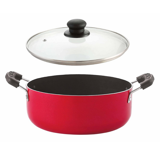 Aluminium 3 Layer Nonstick Biryani Pot, Casserole 22 cm, With Glass Lid, Red, 2.6 L