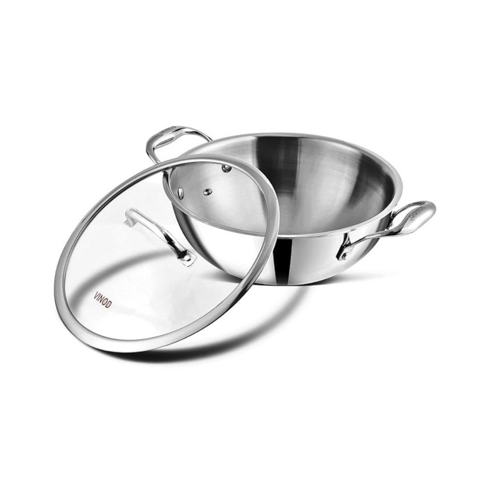 Triply Stainless Steel Extra Deep Kadai with Glass Lid 2.5 L (22 cm), 2.5 mm Thick, Kadai for Cooking