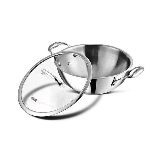 Triply Stainless Steel Extra Deep Kadai with Glass Lid 2.5 L (22 cm), 2.5 mm Thick, Kadai for Cooking