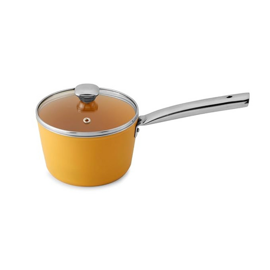 Forged Ceramic Non-stick Saucepan With Glass Lid & Tubular Ss Handle, Mustard Yellow, 160 mm, 1.75 L