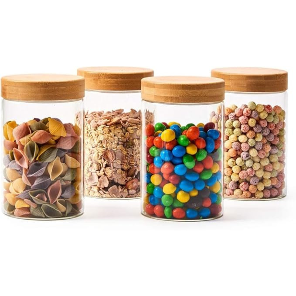 Kitchen Storage Jars Borosilicate Glass With Wooden Lid Air Tight Jar, 550 ml, Pack of 4, Transparent