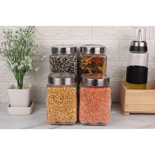 Kitchen Storage Jars Transperent Glass With Steel Lid Air Tight Jar, 1550 ml, Pack of 4