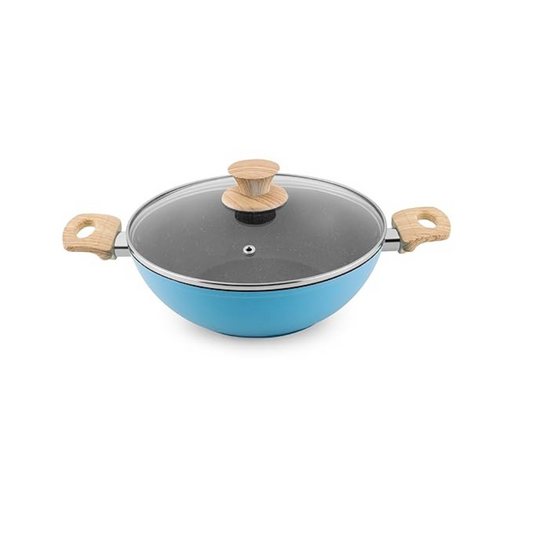 Forged Non-stick Kadhai + Glass Lid With Soft Touch Wooden Handle, Black Spatter Finish Dusty Blue, 260 mm