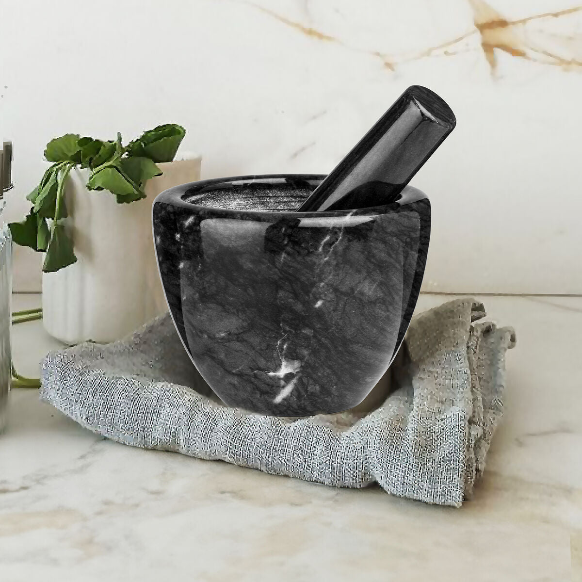 Black Marble Bowl Shaped Mortar and Pestle Set