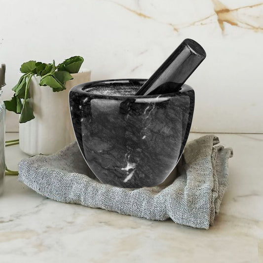 Black Marble Bowl Shaped Mortar and Pestle Set