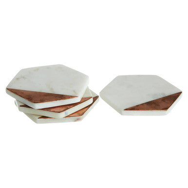 Set of 4 White Marble and Copper Inlay Hexagonal Coasters