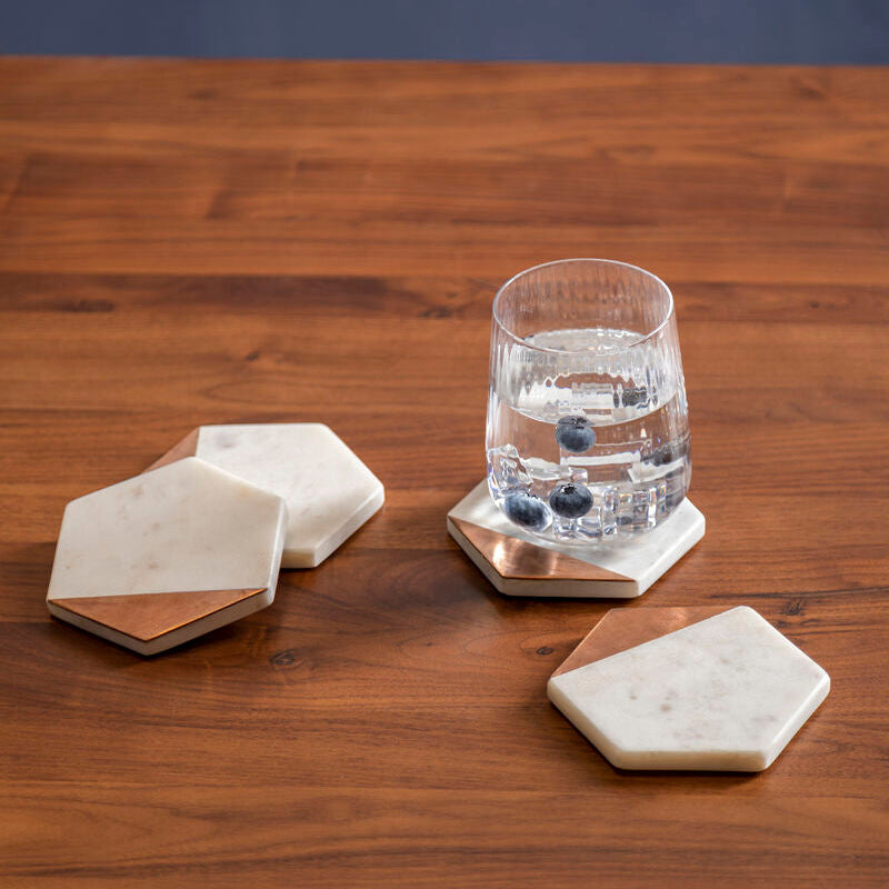 Set of 4 White Marble and Copper Inlay Hexagonal Coasters