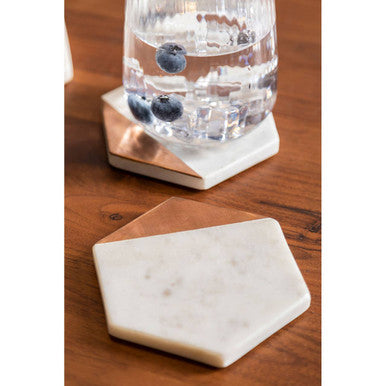 Set of 4 White Marble and Copper Inlay Hexagonal Coasters