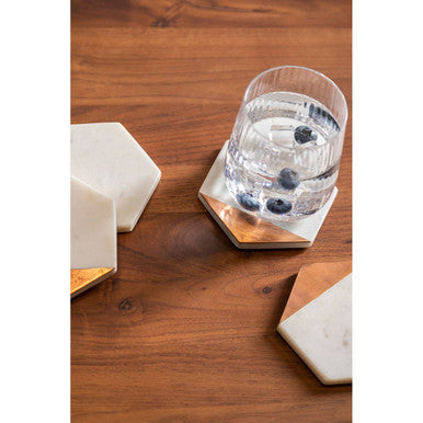 Set of 4 White Marble and Copper Inlay Hexagonal Coasters