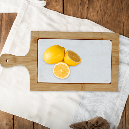 White Marble and Bamboo Paddle Cheese Board