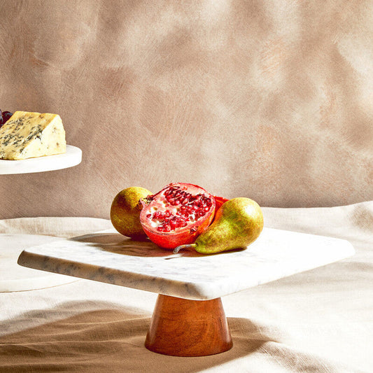 White Marble and Acacia Wood Cake Stand