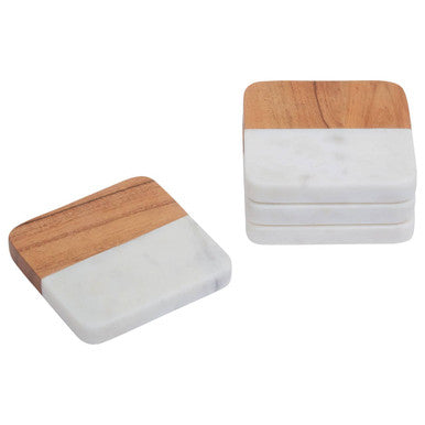 Set of 4 Marble and Acacia Wood Coasters