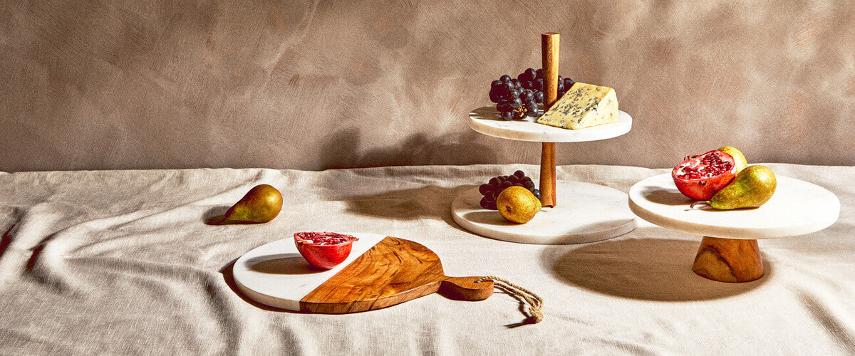 Round White Marble and Acacia Wood Cake Stand