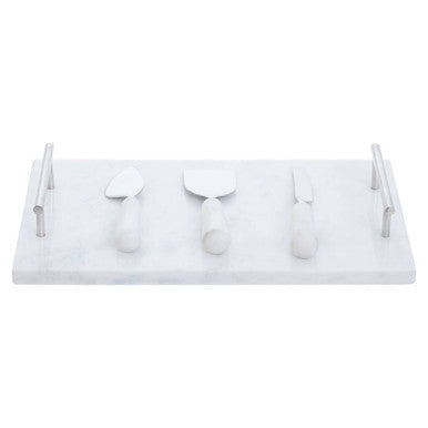 White Marble Cheese Board and Knife Set with Silver Handles