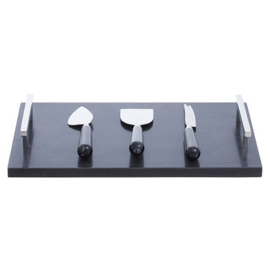 Black Marble Cheese Board and Knife Set with Silver Handles