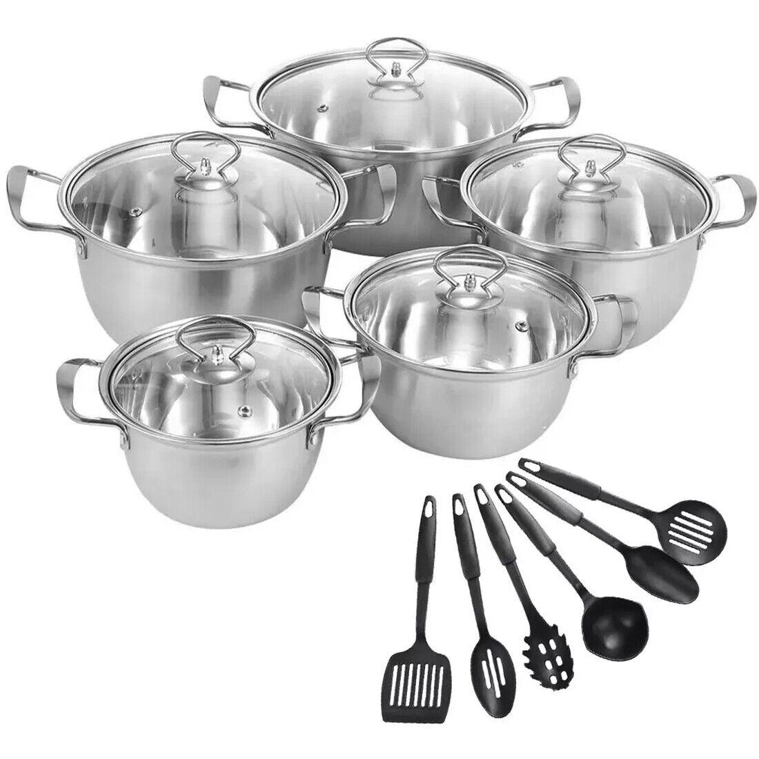 11 Piece Stainless Steel Cookware Pan Set Non-Stick Induction Pots Lids Pans Utensils Silver