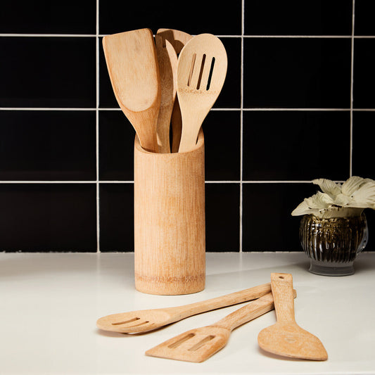 Natural Bamboo 6 Piece Kitchen Utensil Set with Holder