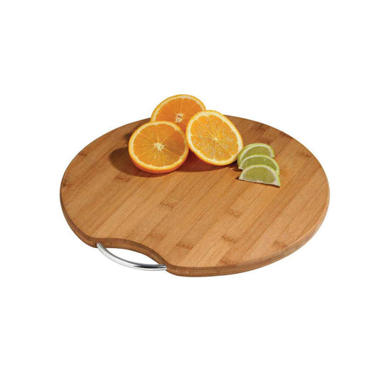Natural Bamboo Round Chopping and Serving Board with Chrome Finish Handle