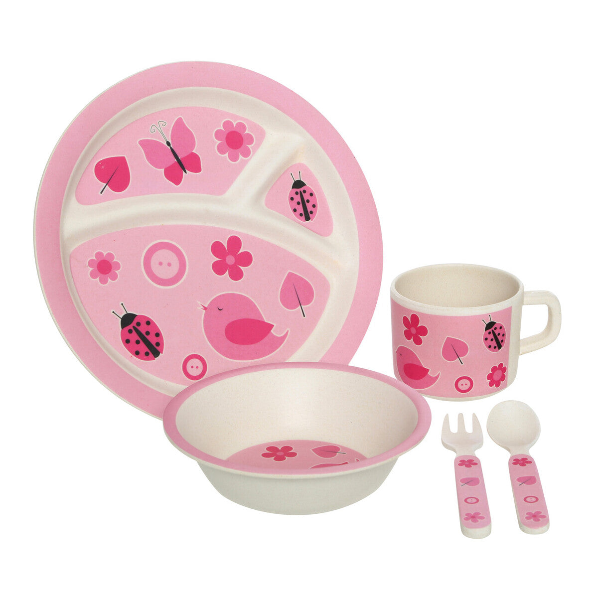 Kids 5 Piece Pink Bird Bamboo Dinner Set