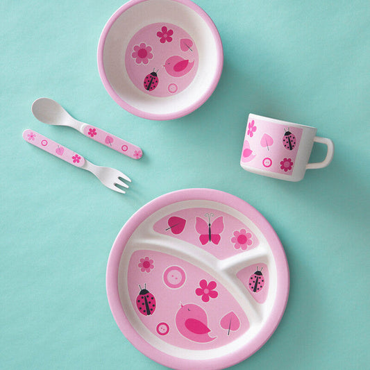 Kids 5 Piece Pink Bird Bamboo Dinner Set