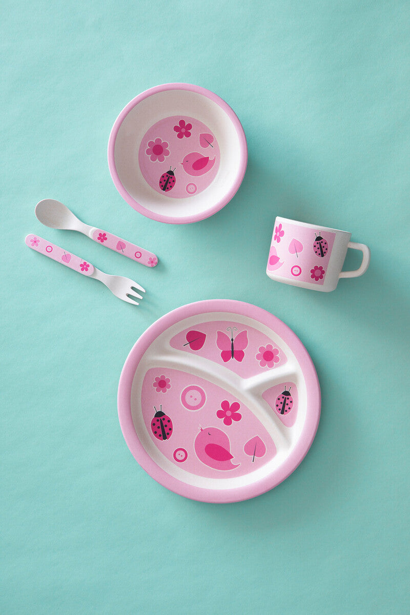 Kids 5 Piece Pink Bird Bamboo Dinner Set