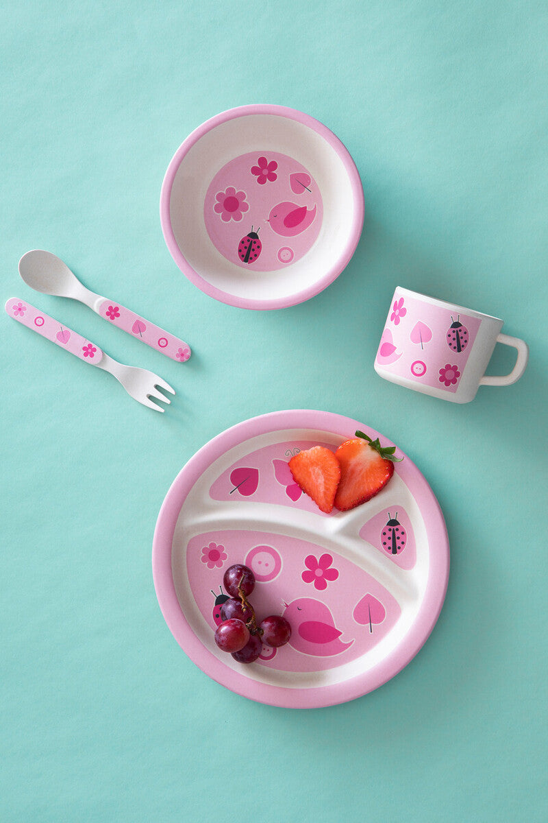 Kids 5 Piece Pink Bird Bamboo Dinner Set