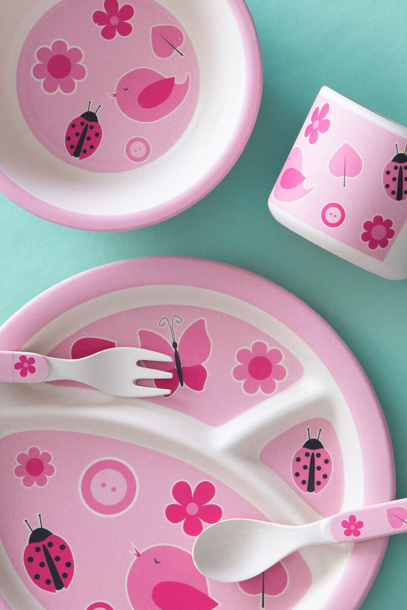 Kids 5 Piece Pink Bird Bamboo Dinner Set