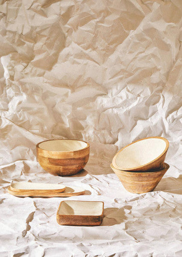 Large Mango Wood Serving Bowl with White Enamel