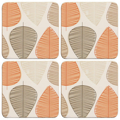 Set of 4 Orange and Grey Leaf Cork Coasters