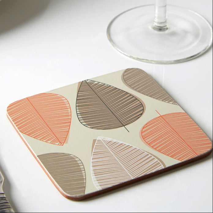 Set of 4 Orange and Grey Leaf Cork Coasters