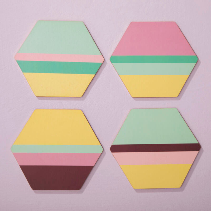 Set of 4 Striped Gold Foil Hexagonal Cork Coasters