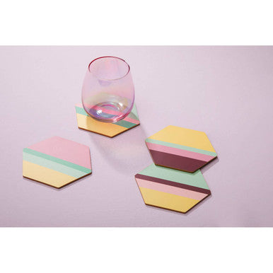 Set of 4 Striped Gold Foil Hexagonal Cork Coasters