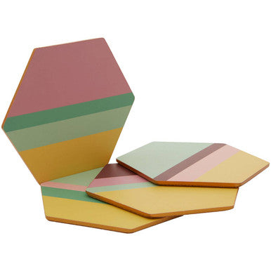 Set of 4 Striped Gold Foil Hexagonal Cork Coasters