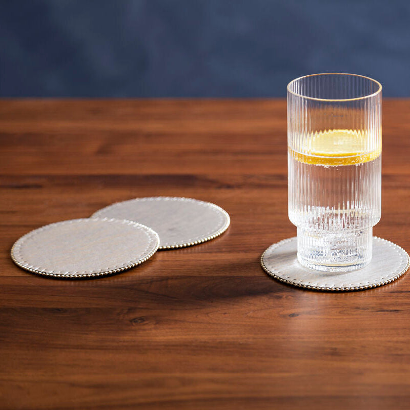 Set of 4 Silver Round Coasters with Pearl Fringe