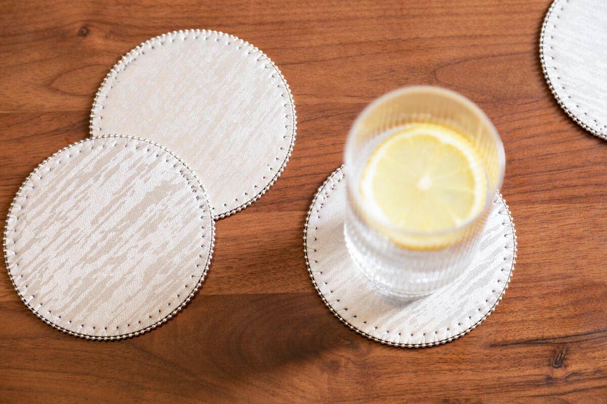 Set of 4 Silver Round Coasters with Pearl Fringe