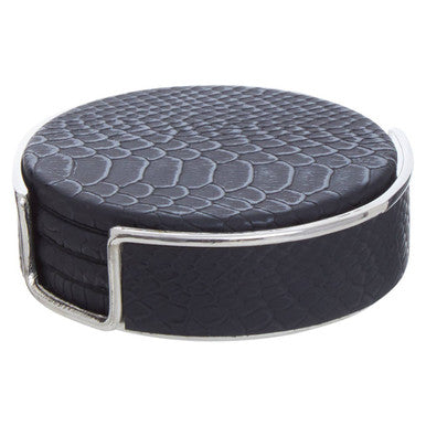 Set of 4 Black Leather Effect Coasters with Holder